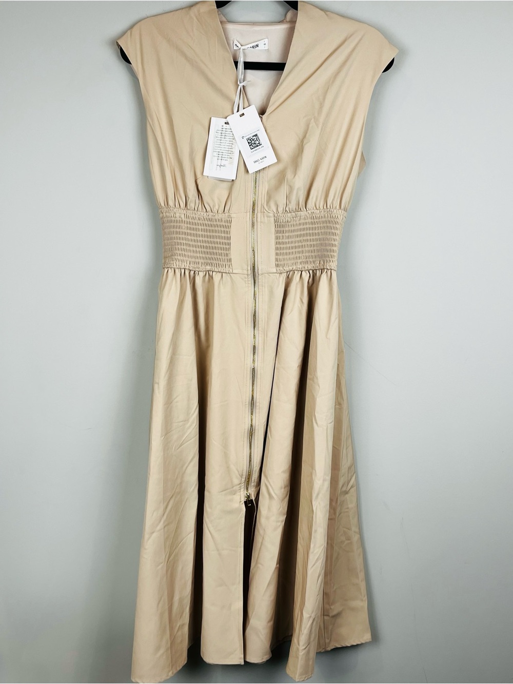 NWT Grace Karin Zipper Front Smocked Waist Cap Sleeve Midi Dress Tan Small - Picture 2 of 15